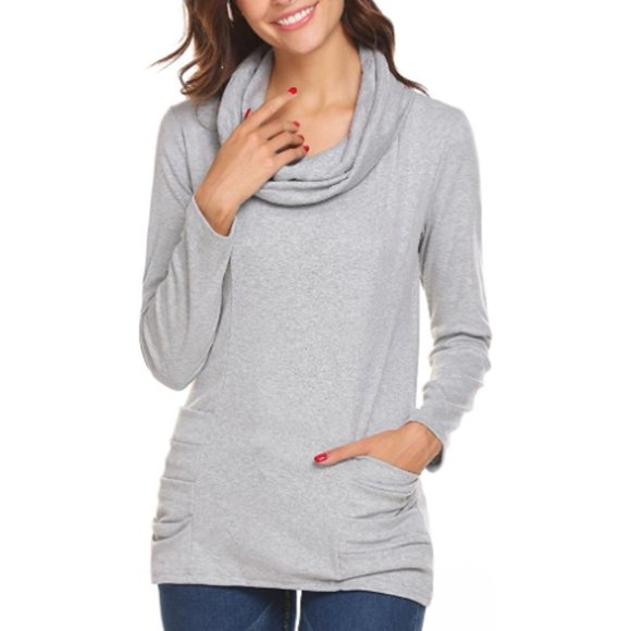 Sweaters - NWT Silver Grey Cowl Neck Pocket Ruched Sweater
